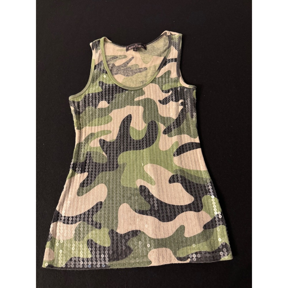 Almost Famous Womens Camo Sequin Ribbed Tank Top Green Camouflage Large P137721